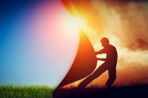 Man Pulling Curtain Of Darkness To Reveal A New Better World. Change.