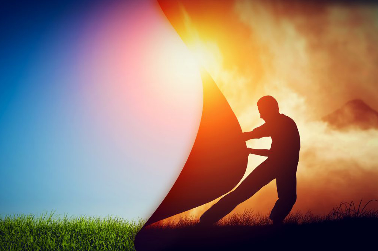 Man Pulling Curtain Of Darkness To Reveal A New Better World. Change.
