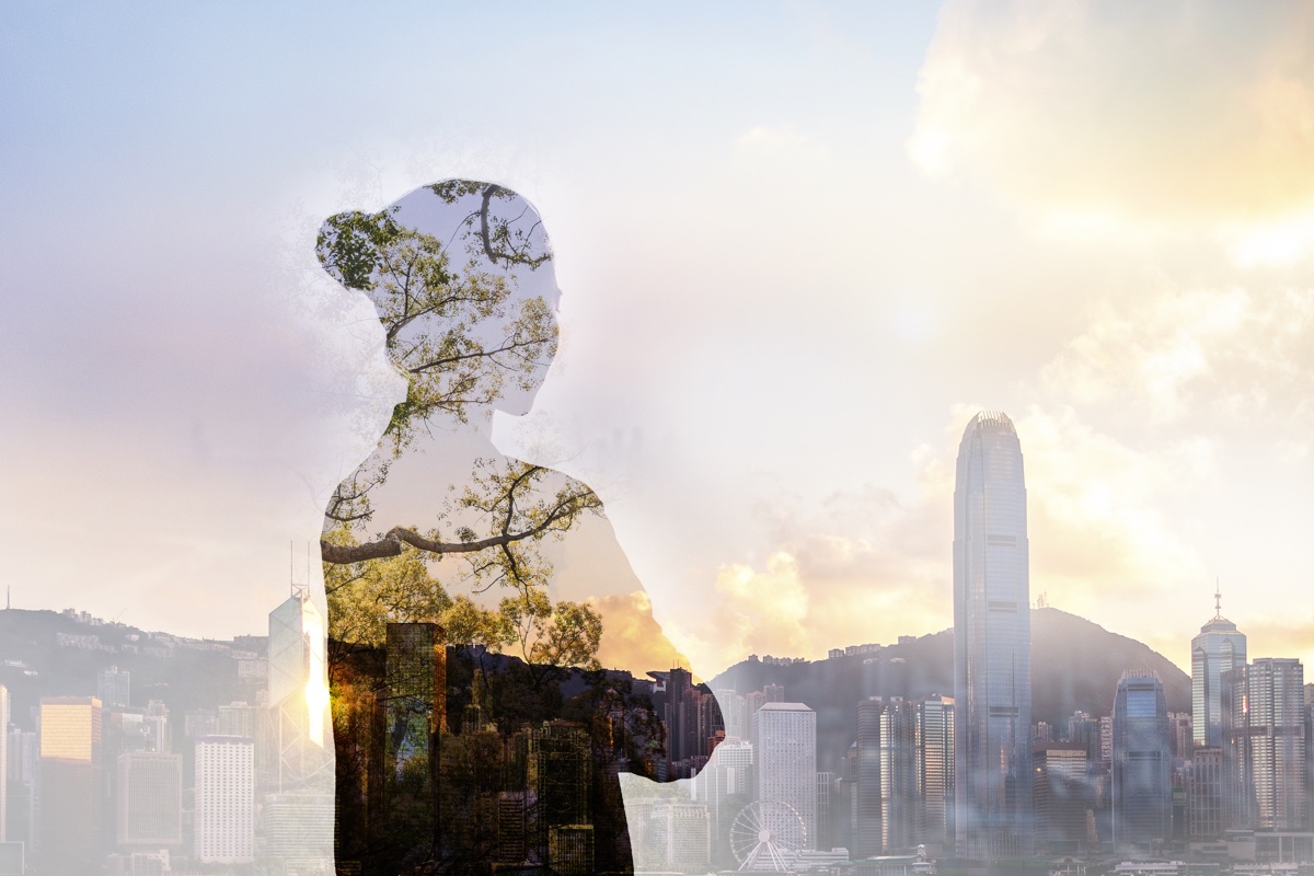 Chinese Adult Woman Person Standing With Ideas In Shadow Contemplation Mindfulness In Urban Hong Kong City Reflection With Nature Trees, Waist Up, Rear View, Behind, Multi Layered Effect, Composite Image,
