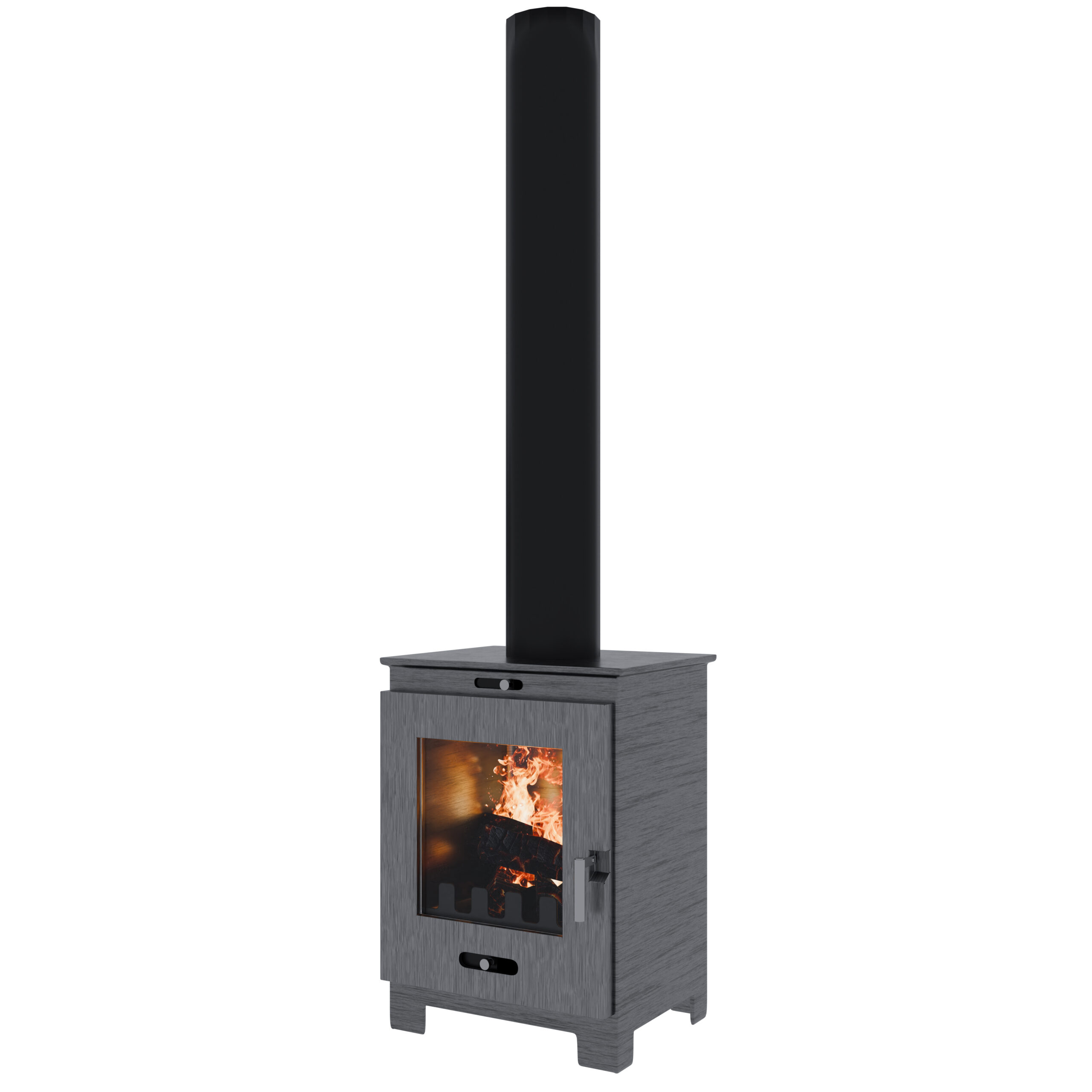 Modern wood burning stove with tall chimney. Home heating appliance.