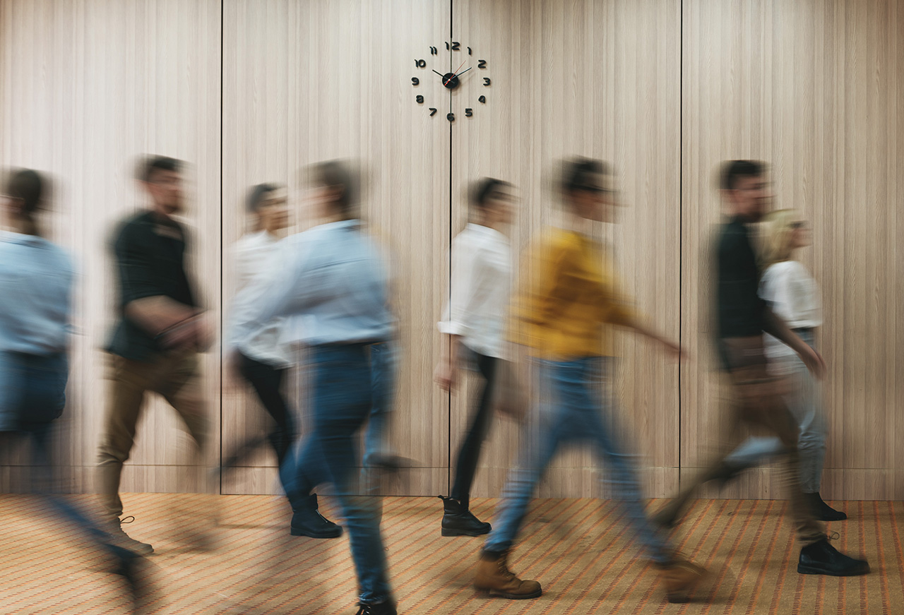 Group Of Office People Walking At Office Open Space. Team Of Business Employees At Coworking Center. People At Motion Blur. Concept Working At Action
